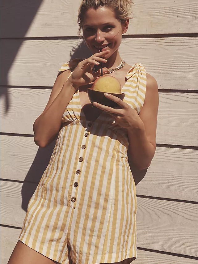 Striped Tie-Shoulder Romper In Yellow And White